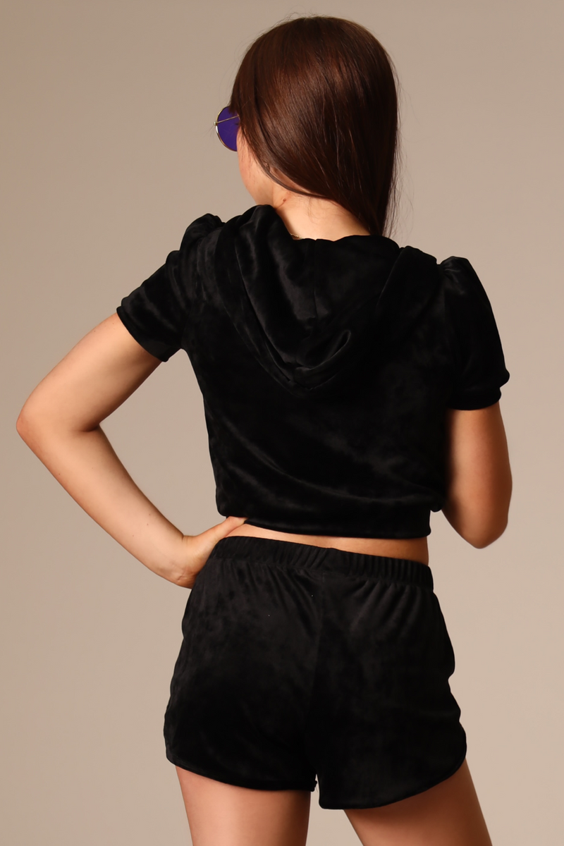 Luxe Short Sleeve Hoodie - Black - FINAL SALE