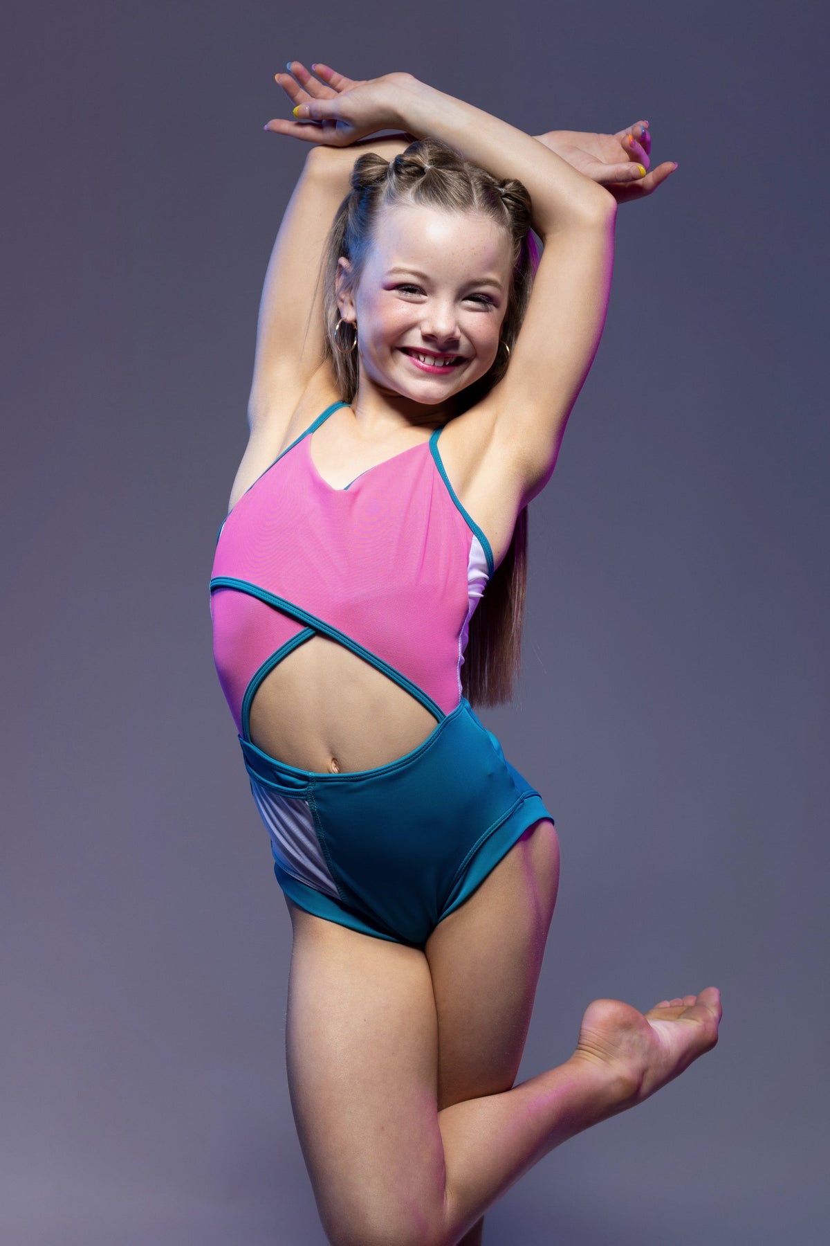 Tiger Friday Guava Pop Pink And Blue Leotard With Contrasting Mesh Pockets Size Child Small