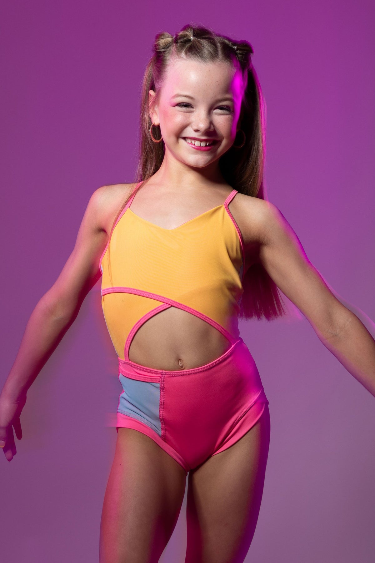 Tiger Friday Miami Beach Yellow And Pink Leotard With Contrasting Mesh Pockets Size Child Small